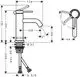 Hansgrohe-Tapete mit einem einhebeligen Waschbeckenmischer-Design. Abmessungen im technischen Zeichnungsformat, einschließlich Outlet-Höhe und seitlichem Hebel-Winkel.